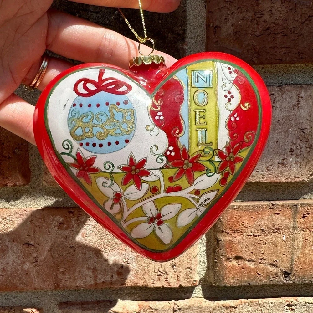 Pier 1 Li Bien Heart Shape Glass Ornament JOY NOEL 2008 Original Red Box